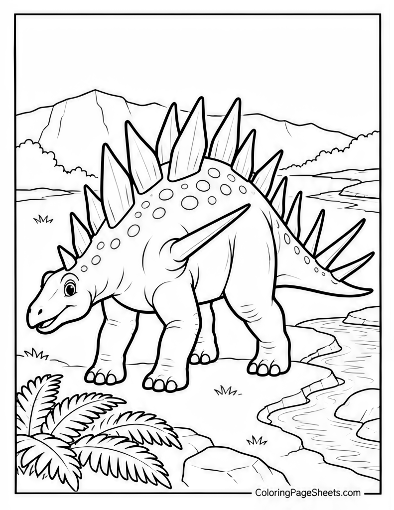 Stegosaurus lowering its head near a river with ferns and mountains
