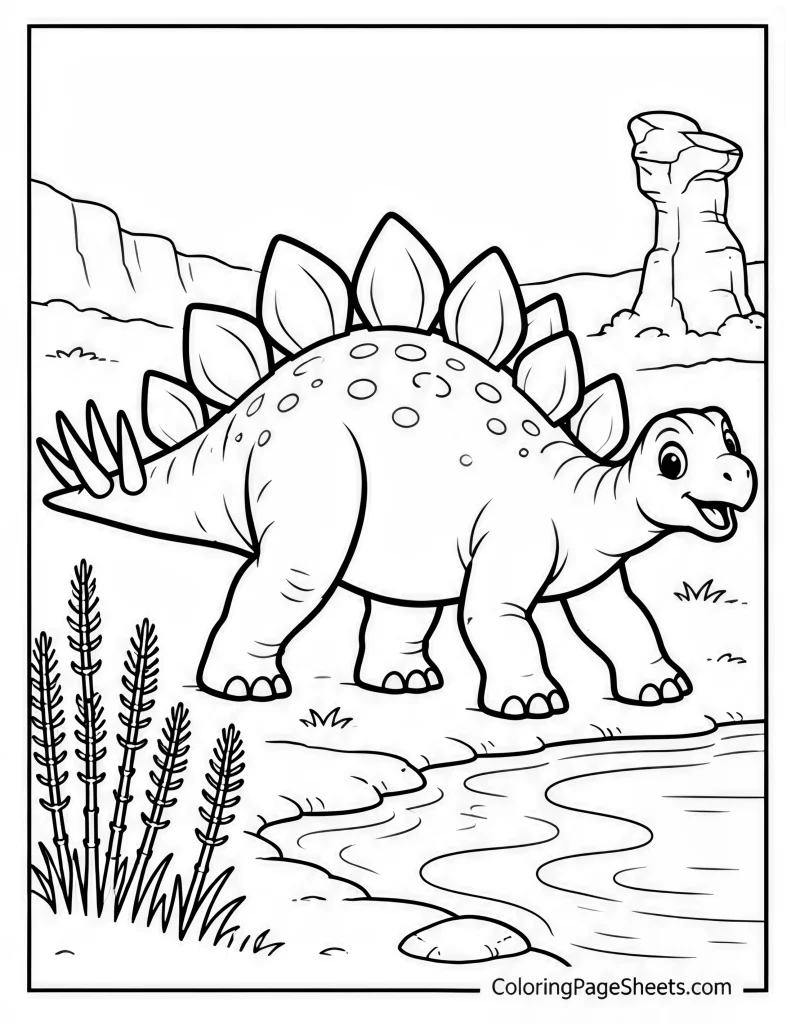 Stegosaurus standing beside a stream with cliffs, pine trees, and a rock spire