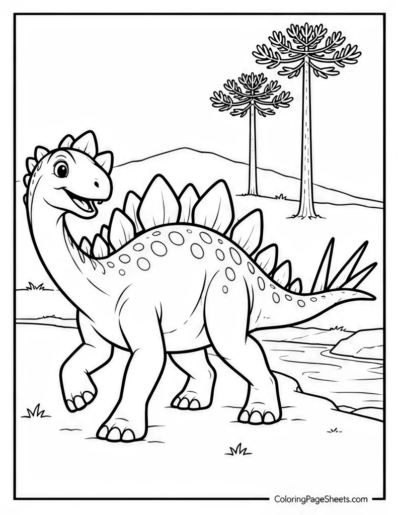 Stegosaurus standing near a river with tall trees and low hills