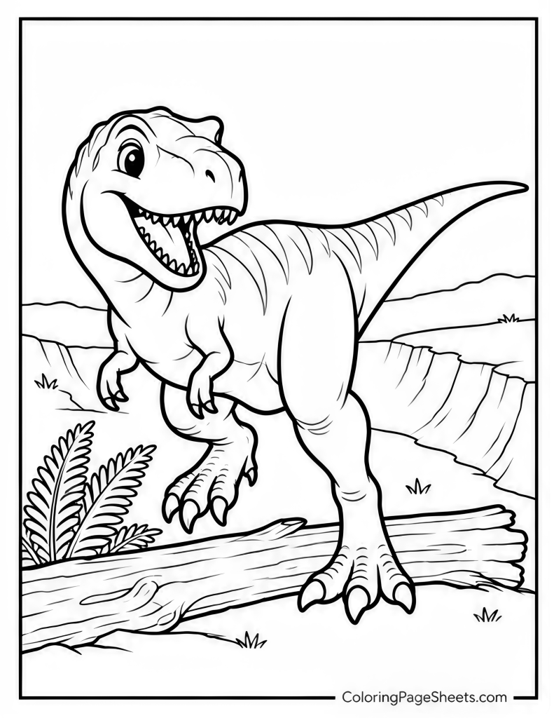 T. rex standing behind a fallen log with cliffs and ferns