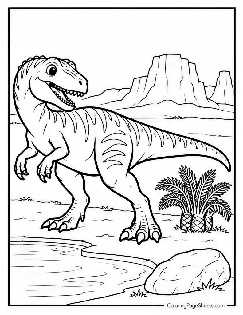 T. rex standing beside water with a flat-topped mesa and ferns