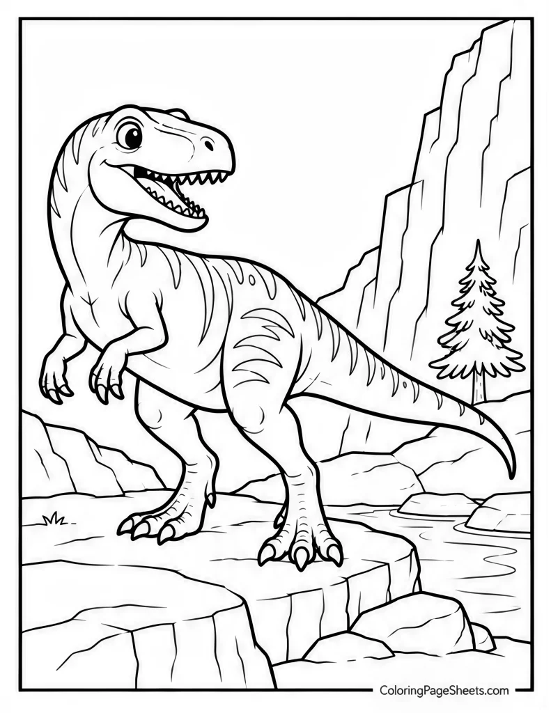 T. rex standing on a rocky ledge beside a stream and steep cliffs