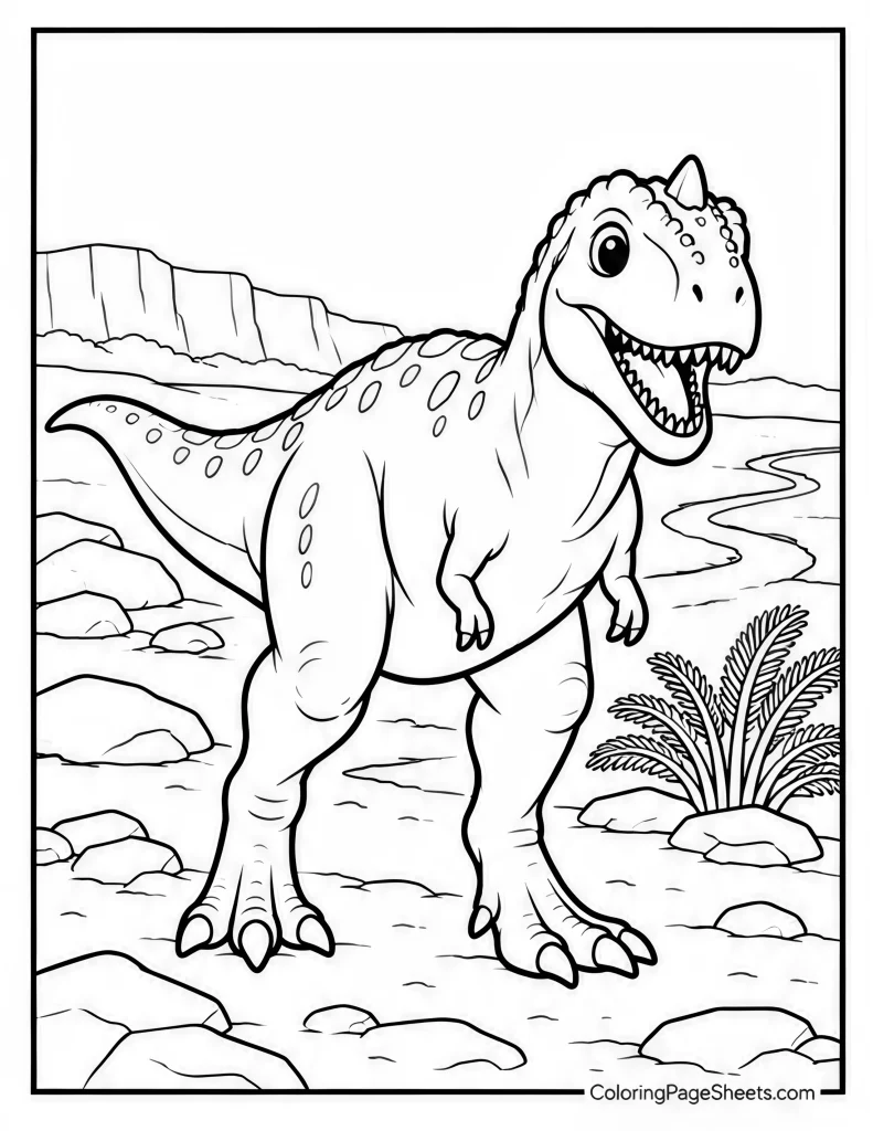 T. rex standing beside a winding river with rocky cliffs and plants