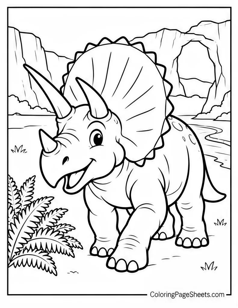 Triceratops walking through ferns with rocky canyon walls behind it