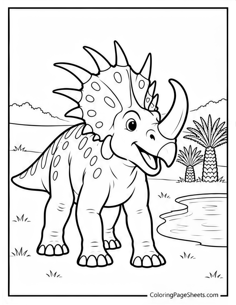 Triceratops standing near water with palm trees and distant hills